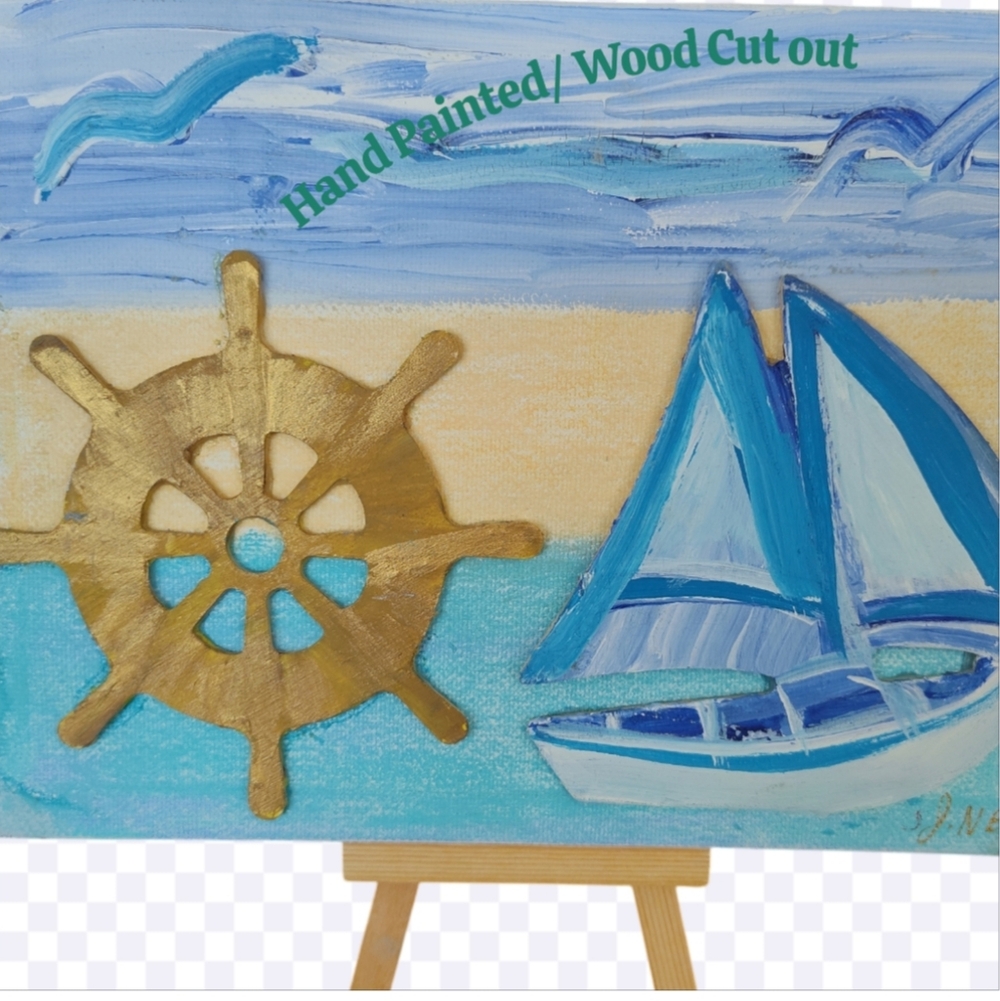 Coastal Blue and Gold  Hand-Painted Art 3D Effect Sailboat Nautical Decor 8 X 6"